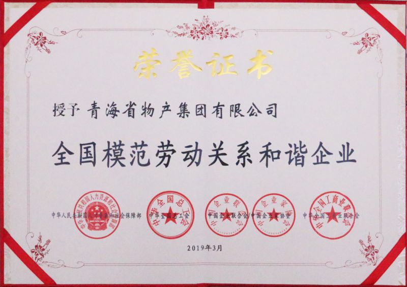 2019年天下模范劳动关系协调企业证书