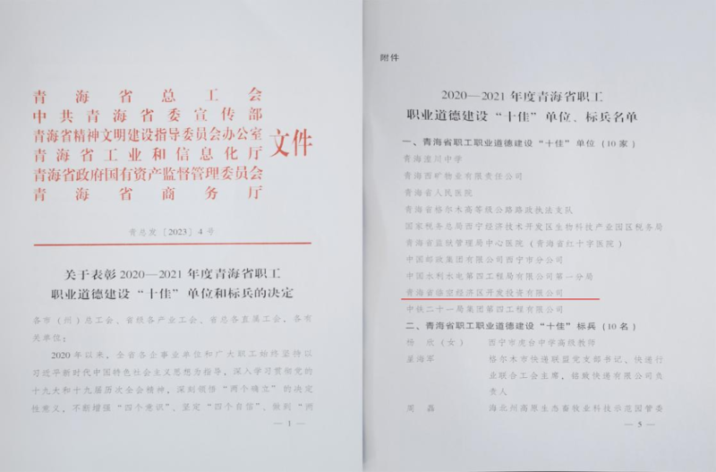 青海省临空经济区开发投资有限公司荣获青海省职工职业品德建设“十佳”单位