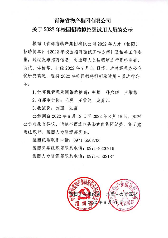 2022年校园招聘拟招录试用职员公示